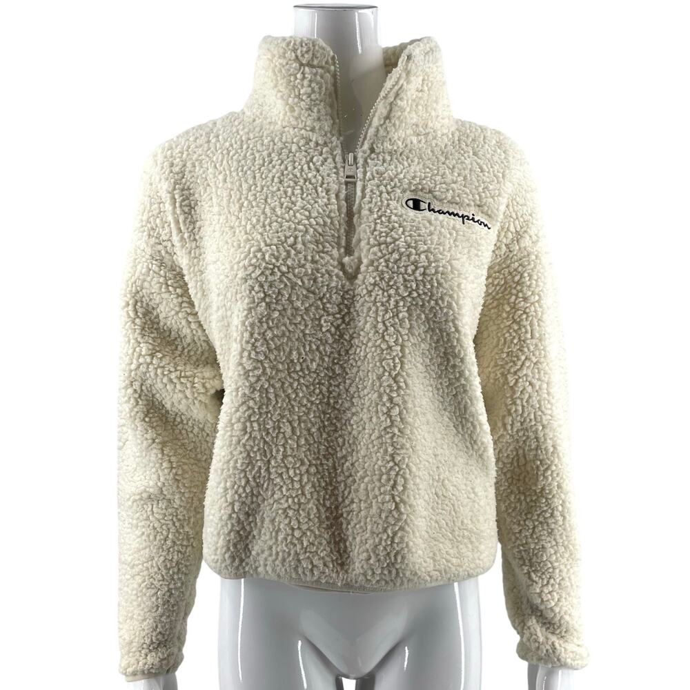 Champion Cropped Womens 1/4 Zip Soft Fleece Sweater Size Small Cream Teddy Bear